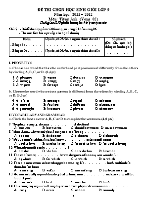 Đề chọn học sinh giỏi môn Tiếng Anh Lớp 9 (Vòng 2) - Năm học 2011-2012 (Có đáp án)